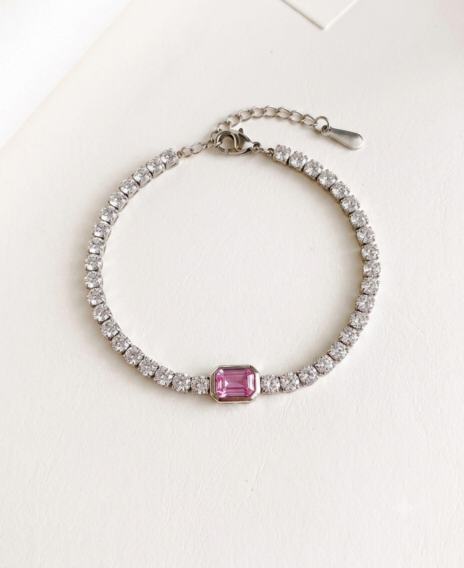 Pulsera de tenis con piedra rosa