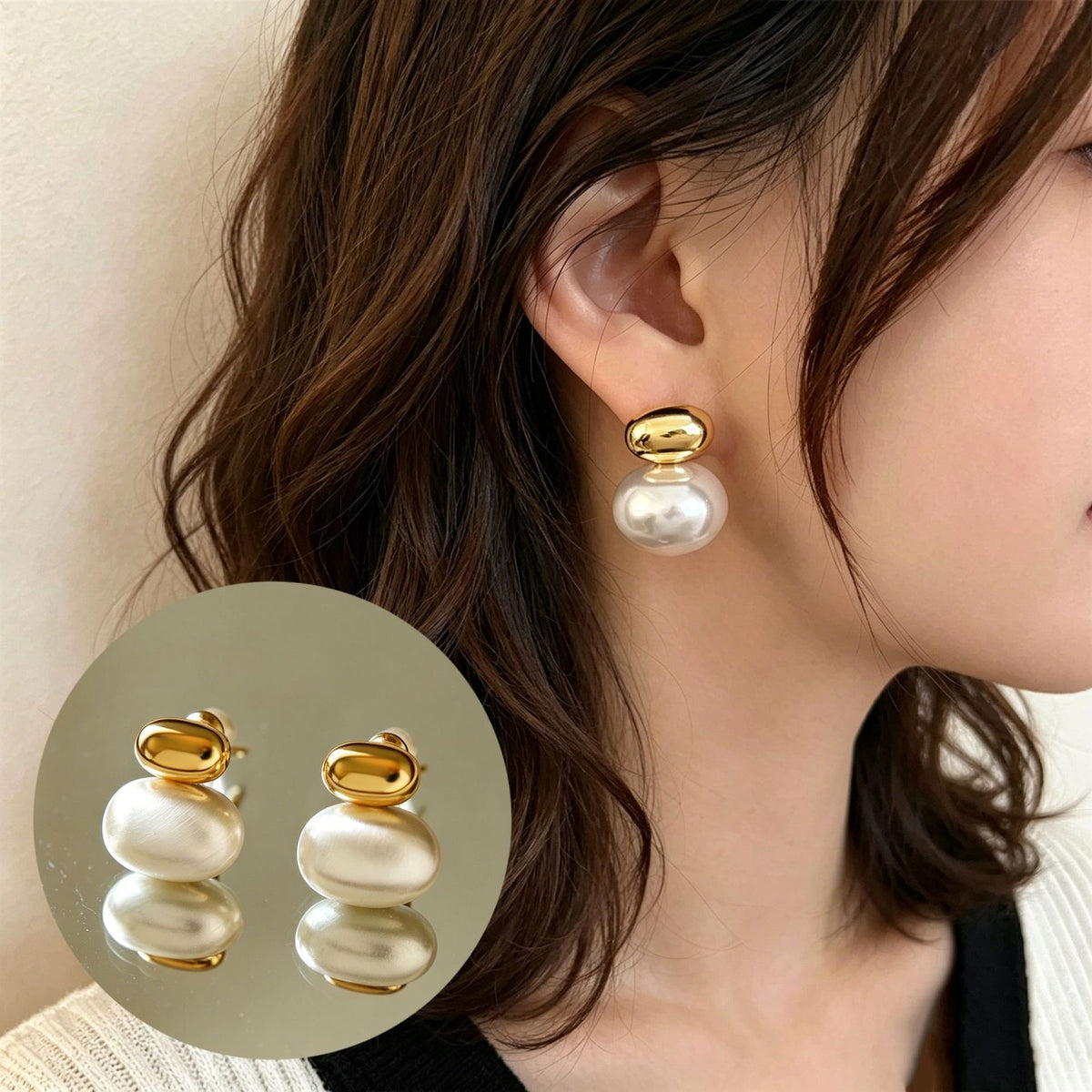 Aretes de perla con detalle en dorado