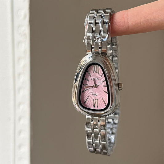 Reloj oval grueso irregular rosa  con plata