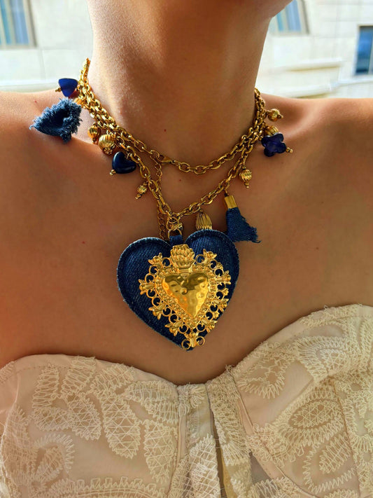 Collar súper largo corazón mezclilla