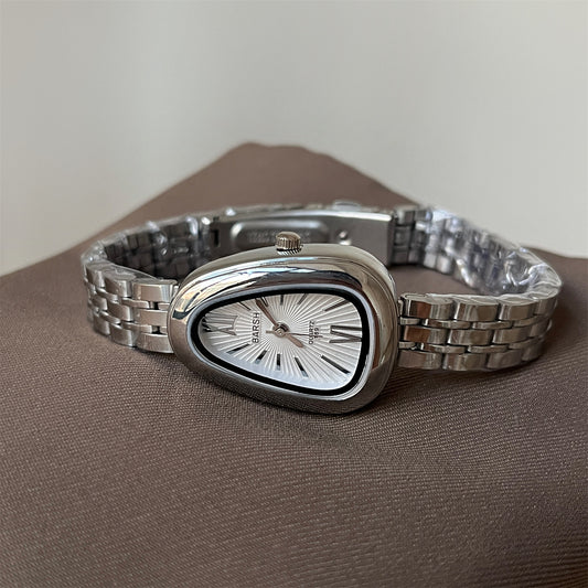 Reloj oval grueso irregular blanco con plata