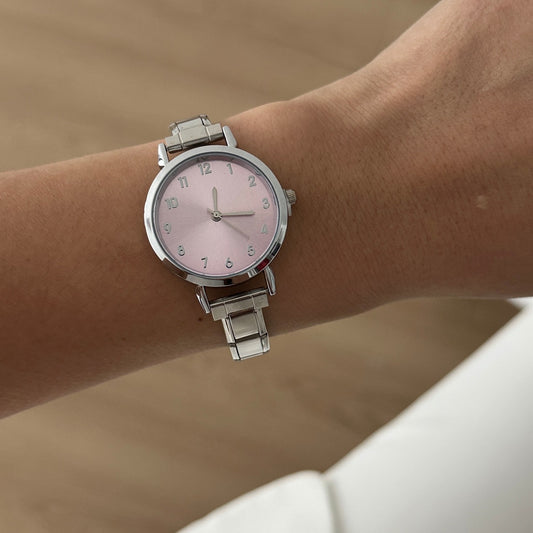 Reloj italiano redondo plata carátula rosa