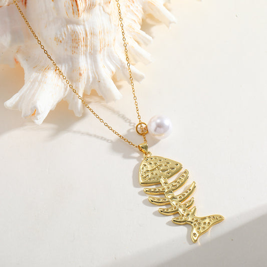 Collar esqueleto de pez con perla
